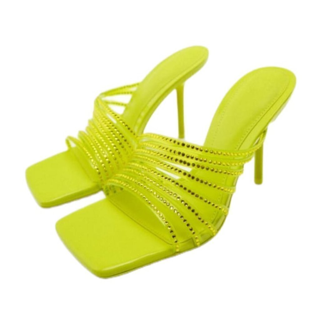 ZARA HIGH-HEEL VINYL SANDALS WITH RHINESTONES LIME GREEN | 3804/010 SIZE…